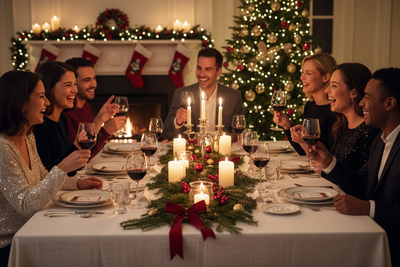 Kolleg:innen sitzen gemeinsam an einem festlich gedeckten Tisch bei einer Weihnachtsfeier