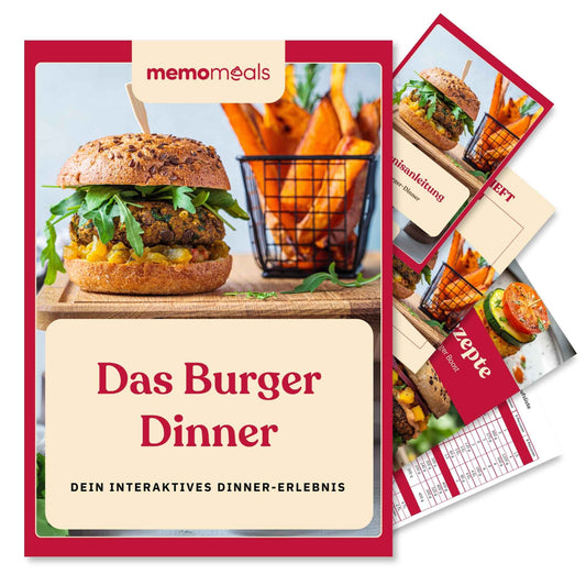 memomeals Burger Erlebnisbox von oben fotografiert mit aufgefächertem Inhalt darunter