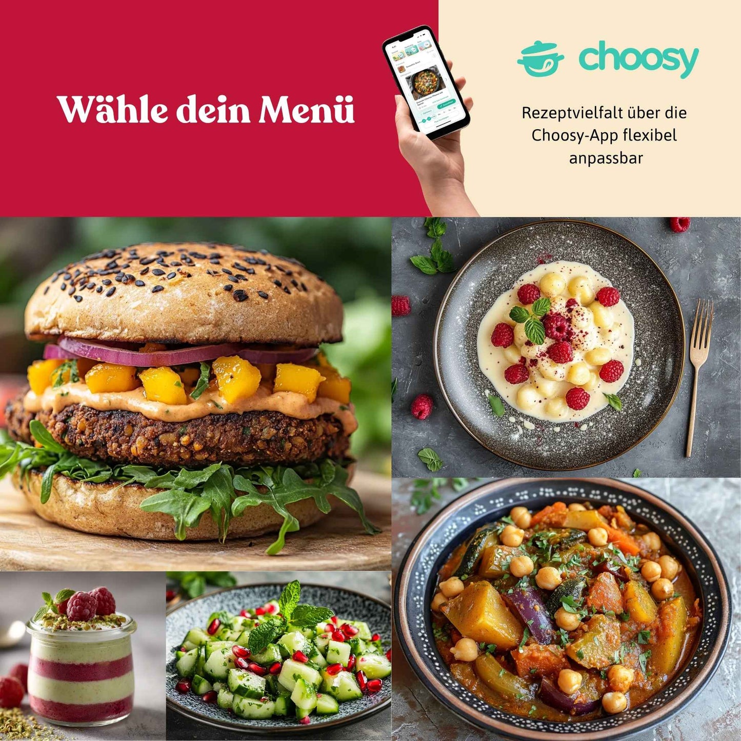 Fünf verschiedene Gerichte – Burger, Dessert, süße Gnocchi, Gurkensalat und Gemüse-Tajine – als Beispiel für die flexible Menüauswahl über memomeals Menüs oder die Choosy-App