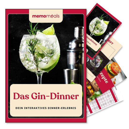 memomeals Gin Erlebnisbox von oben fotografiert mit aufgefächertem Inhalt darunter