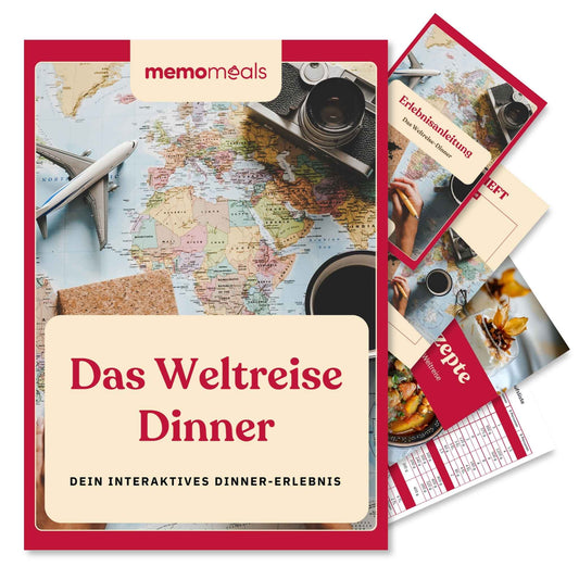 memomeals Weltreise Erlebnisbox von oben fotografiert mit aufgefächertem Inhalt darunter