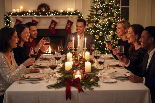 Kolleg:innen sitzen gemeinsam an einem festlich gedeckten Tisch bei einer Weihnachtsfeier