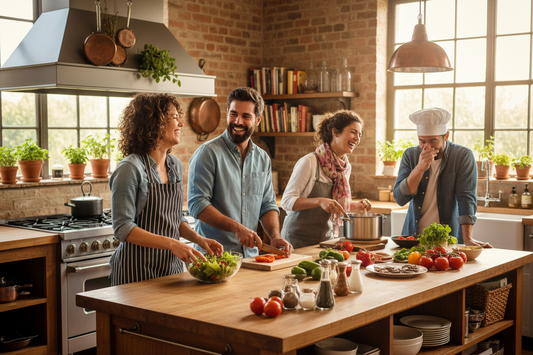 Vier Personen kochen gemeinsam am Abend in der heimischen Küche