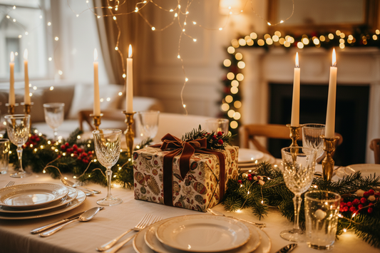 Weihnachtlich gedeckter Tisch mit Lichterkette und einer verpackten Erlebnisbox als Geschenk