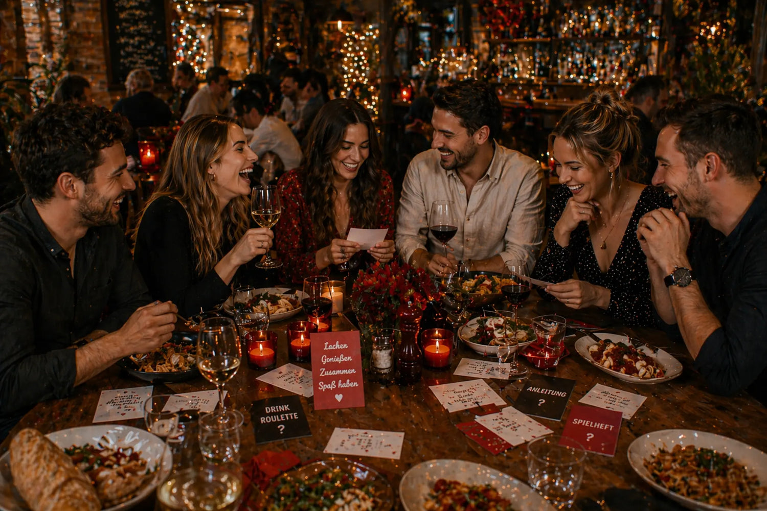 Freunde genießen ein Erlebnis-Dinner im Restaurant mit Spielen, Gesprächen und gemeinsamem Essen in gemütlicher Atmosphäre