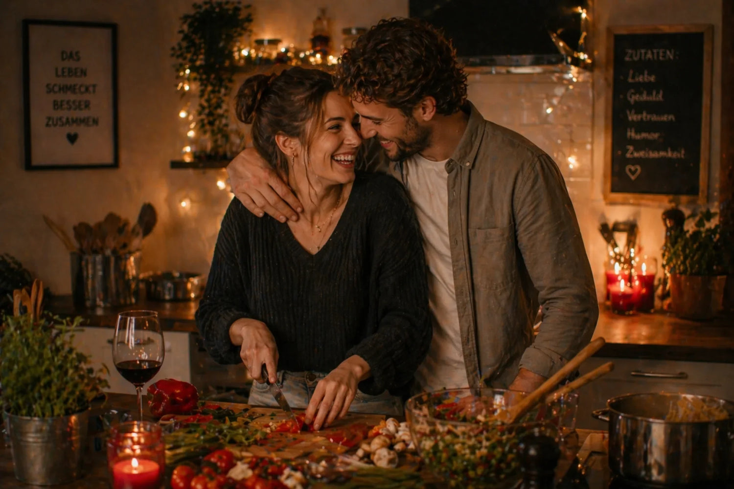 Paar genießt ein romantisches Erlebnis-Dinner beim gemeinsamen Kochen zuhause mit Kerzenlicht und gemütlicher Atmosphäre