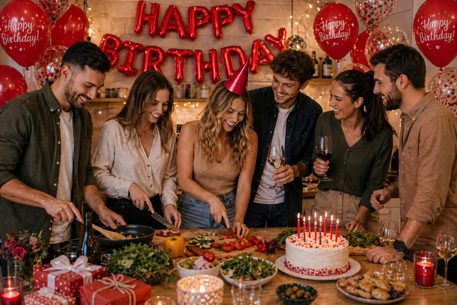 Freunde feiern Geburtstag beim gemeinsamen Kochen mit Erlebnis-Dinner, Spielen und Kuchen in der Küche