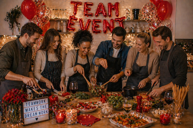 Team kocht gemeinsam bei einem Teamevent mit Erlebnis-Dinner und Spielen in festlicher Atmosphäre