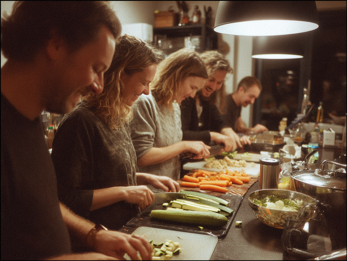 Freunde kochen und schneiden gemeinsam Gemüse in einer Küche und lachen dabei