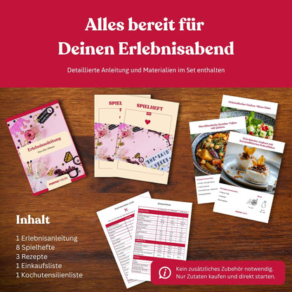 Ausgebreiteter Inhalt einer memomeals junggesellinnenabschied Erlebnisbox mit Erlebnisanleitung, Spielheften, Rezepten und Einkaufsliste