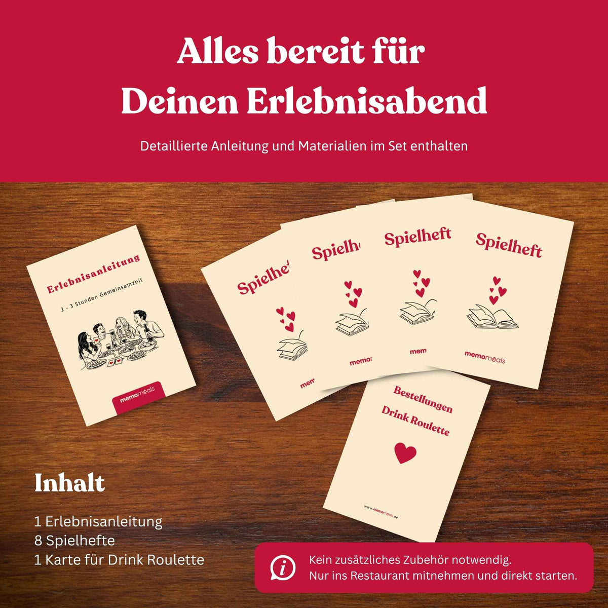 Ausgebreiteter Inhalt einer memomeals Erlebnisbox fürs Restaurant mit Erlebnisanleitung, Spielheften, Rezepten und Einkaufsliste