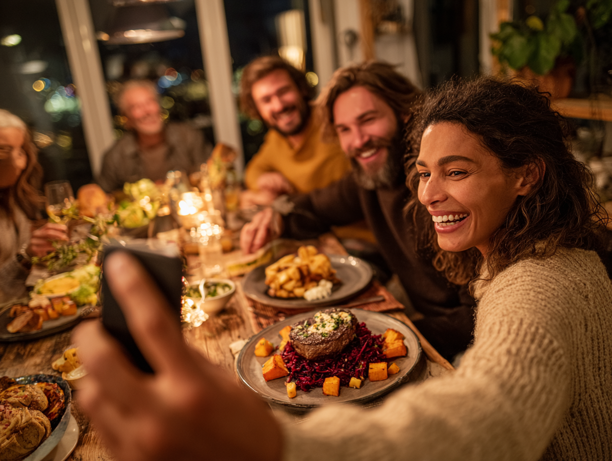 Freunde machen ein Selfie beim gemeinsamen Essen im Restaurant