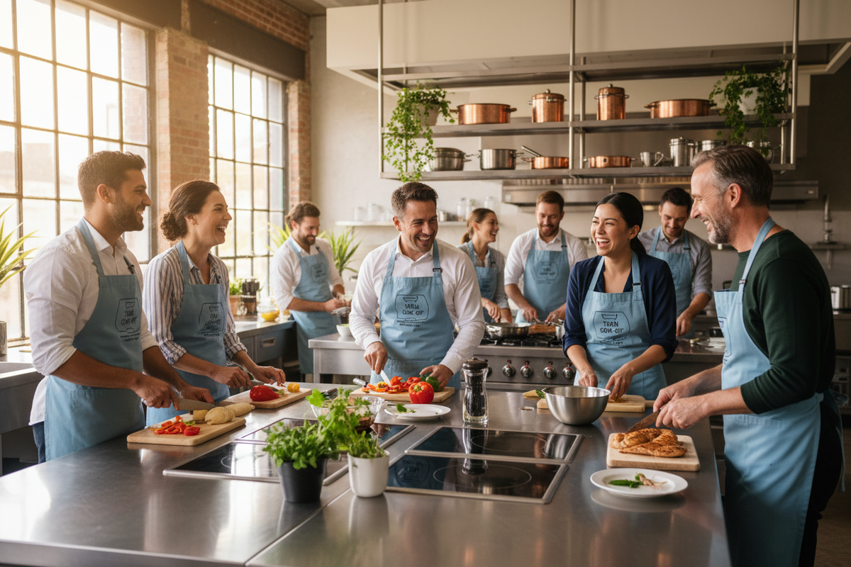 Arbeitskollegen kochen gemeinsam und lachen in einer großen Küche