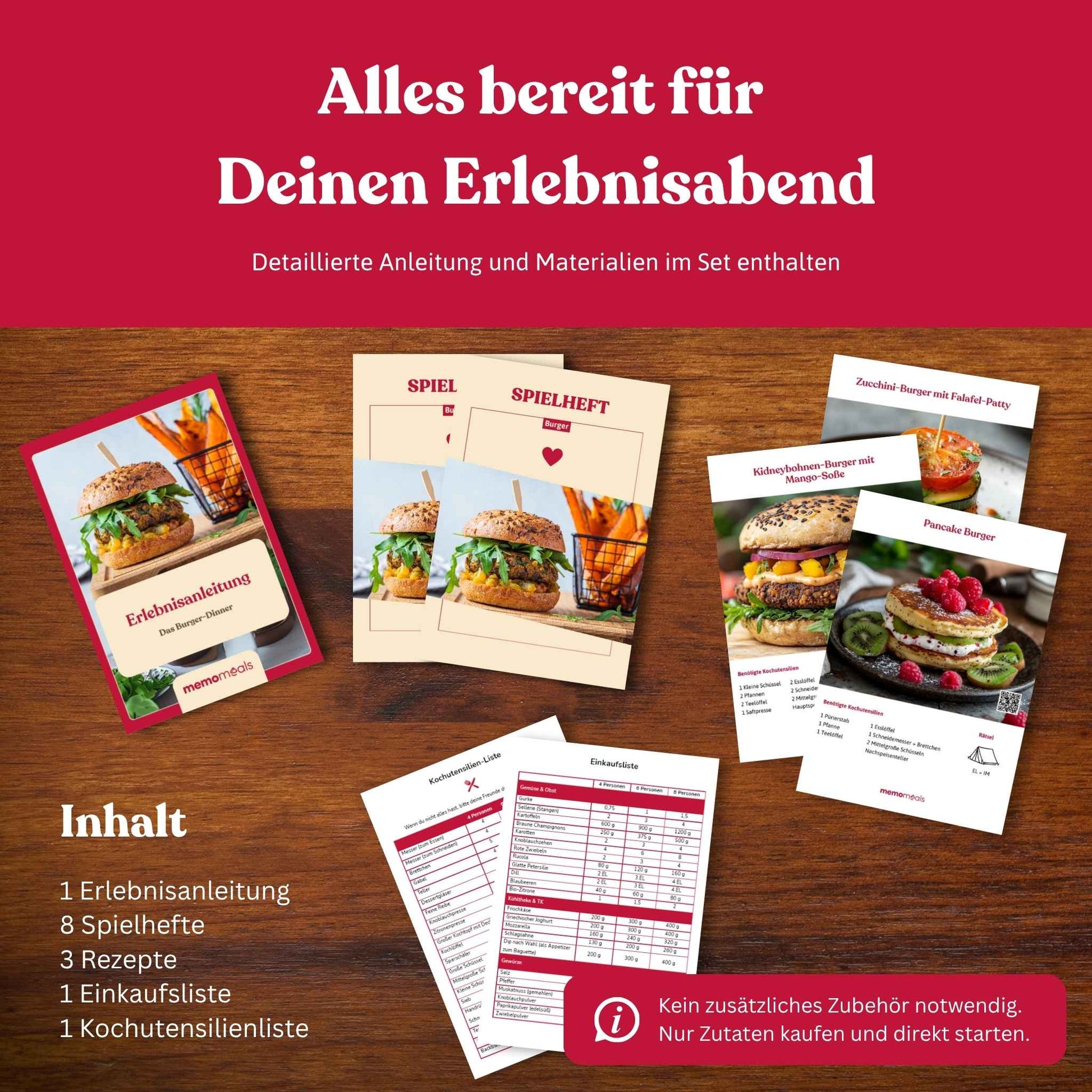 Ausgebreiteter Inhalt einer memomeals Burger Erlebnisbox mit Erlebnisanleitung, Spielheften, Rezepten und Einkaufsliste