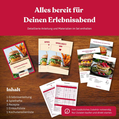 Ausgebreiteter Inhalt einer memomeals Burger Erlebnisbox mit Erlebnisanleitung, Spielheften, Rezepten und Einkaufsliste