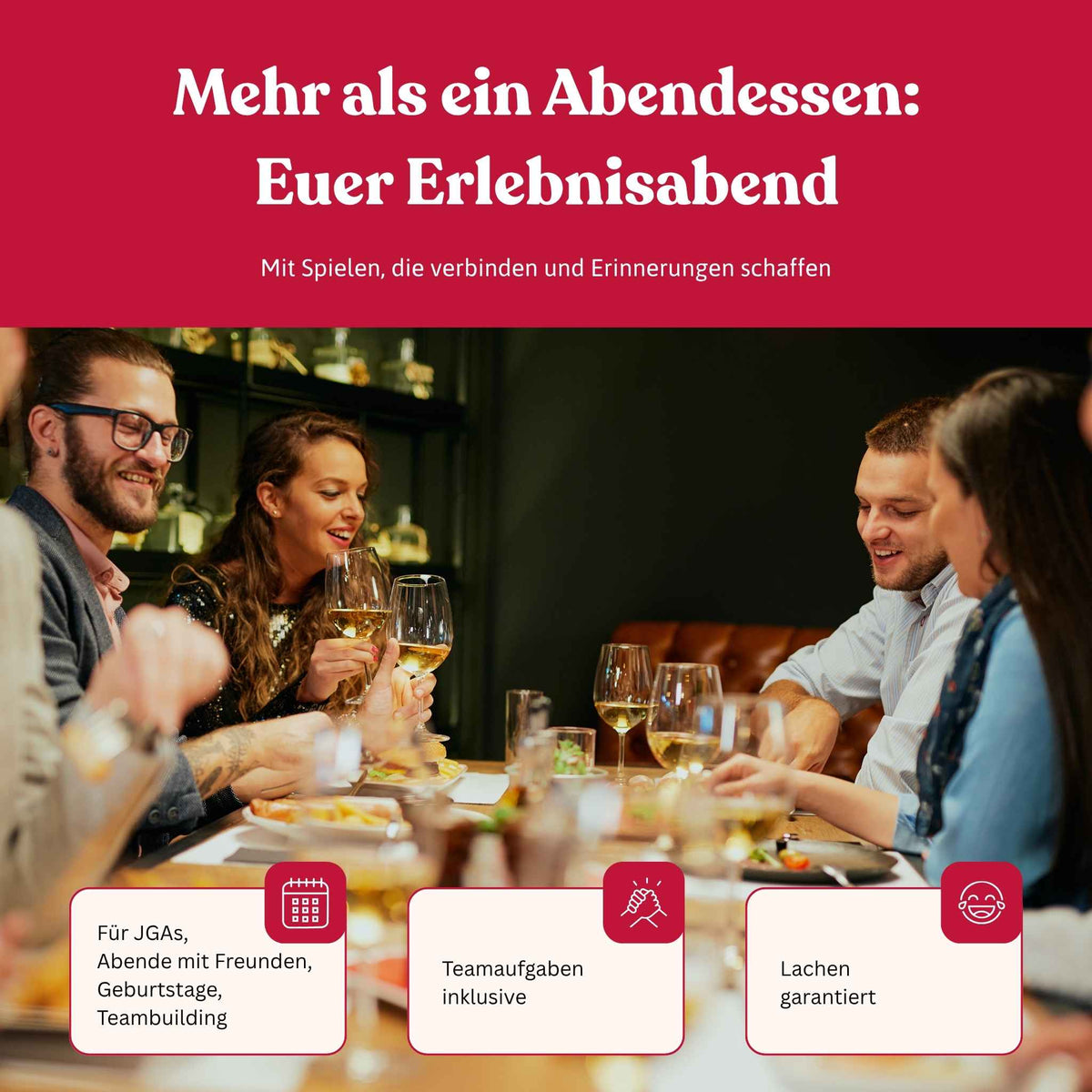 Gruppe Freunde essen gemeinsam und lachen in einem Restaurant bei einem Erlebnisdinner