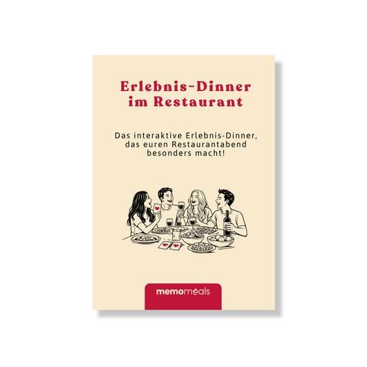 Erlebnis Dinner im Restaurant mit Spielen für Erwachsene Freunde lachen am Tisch