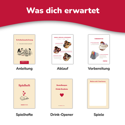 Inhalt der memomeals Erlebnis Dinner Box mit Spielen für Erwachsene im Restaurant