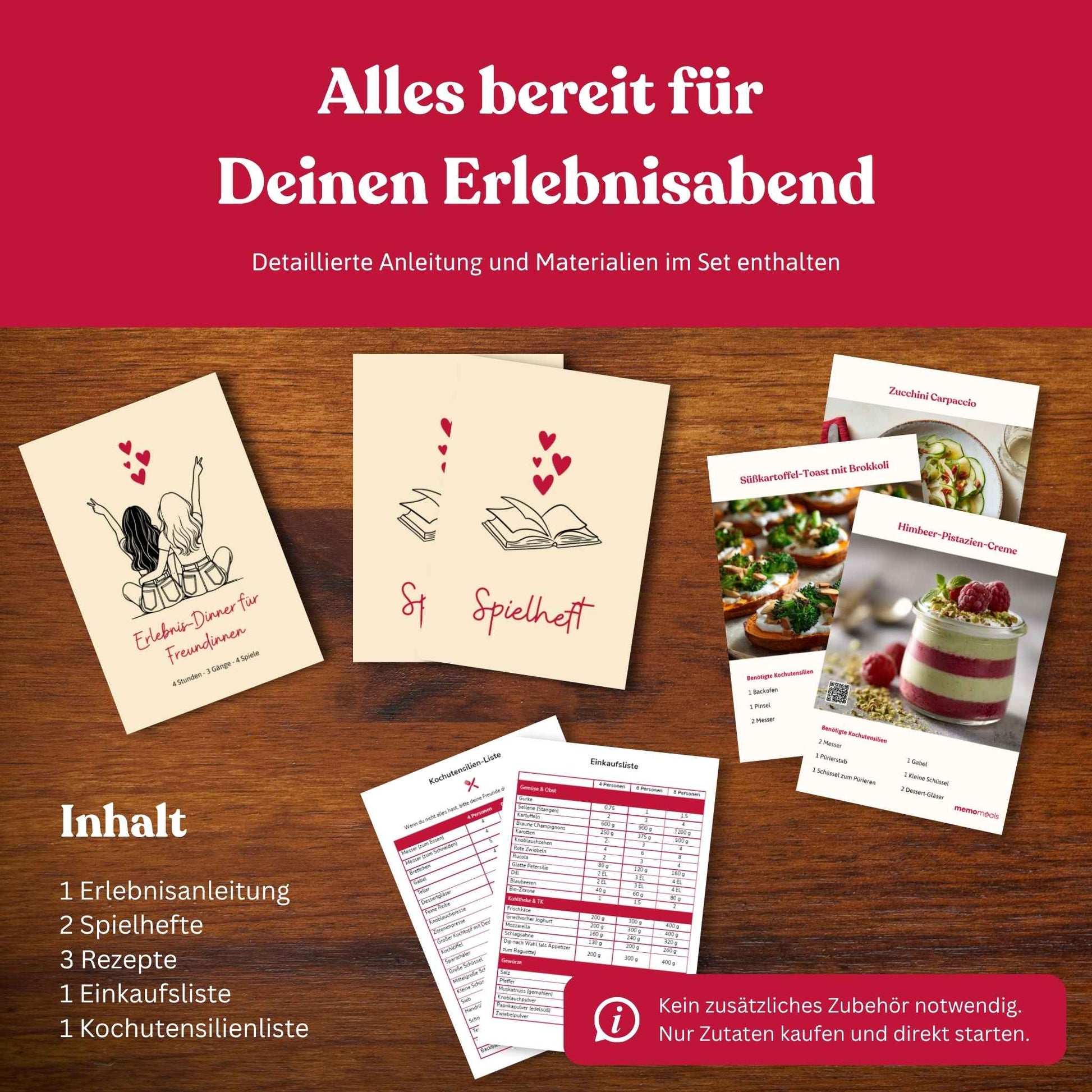 Ausgebreiteter Inhalt einer memomeals Erlebnisbox für Freundinnen mit Erlebnisanleitung, Spielheften, Rezepten und Einkaufsliste