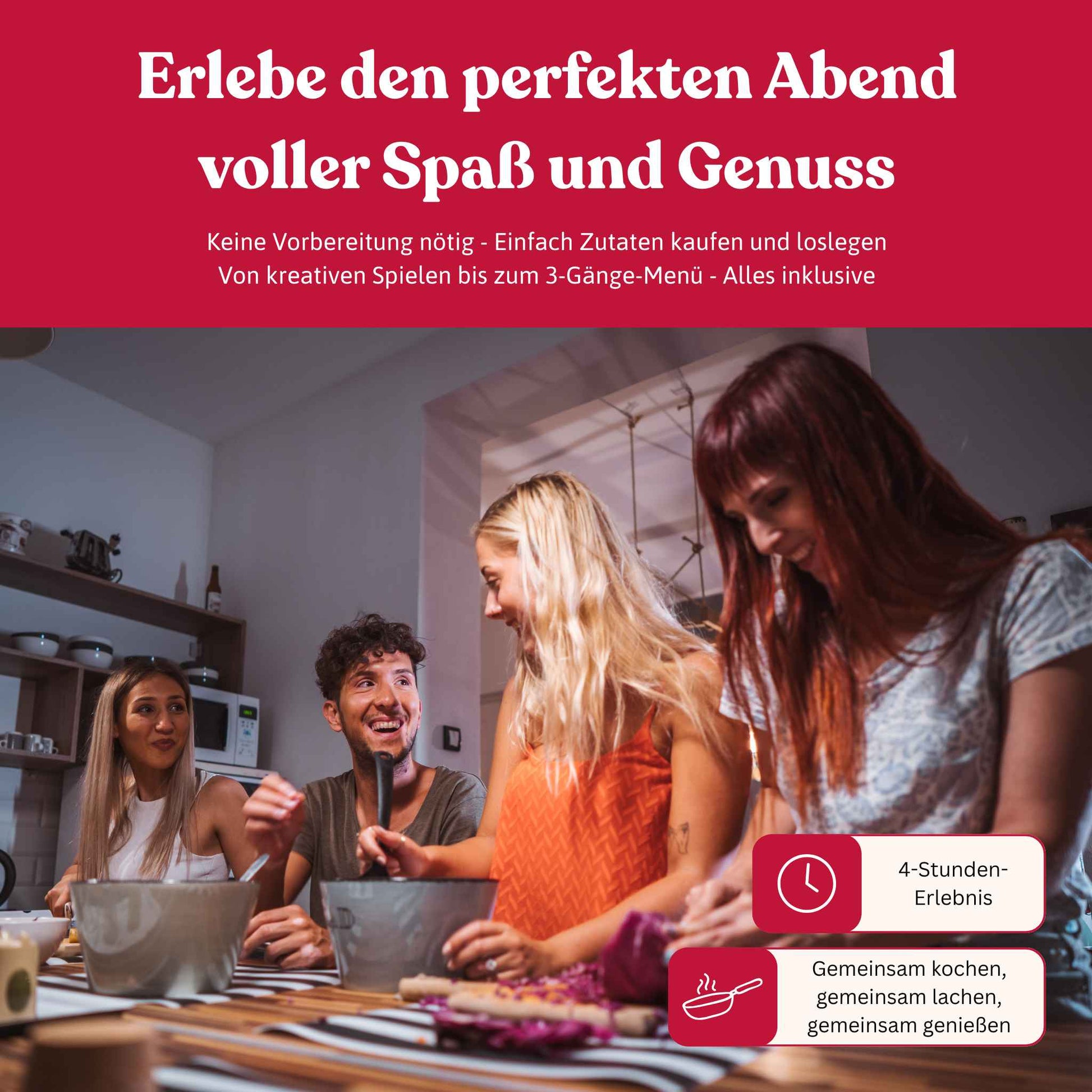 Freunde kochen gemeinsam und lachen während eines 4-stündigen Erlebnisdinners zuhause