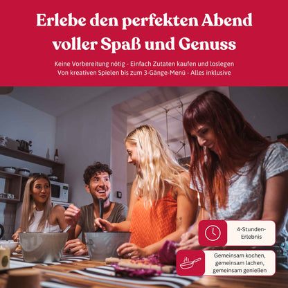 Freunde kochen gemeinsam und lachen während eines 4-stündigen Erlebnisdinners zuhause