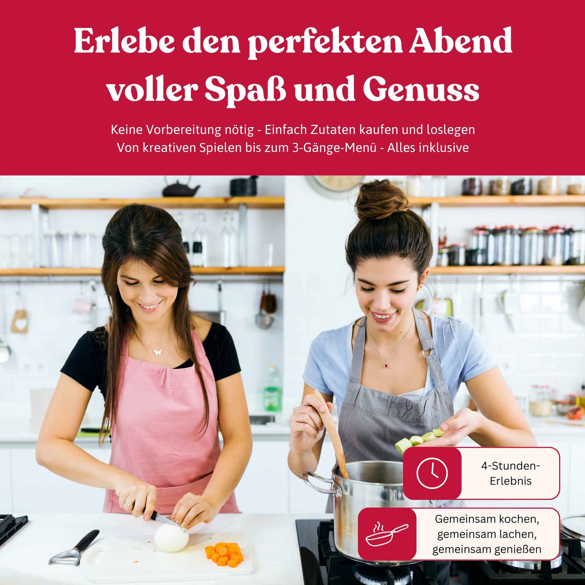 Zwei Freundinnen kochen gemeinsam und lachen während eines 4-stündigen Erlebnisdinners zuhause