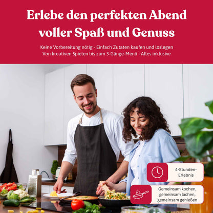 Ein Paar kocht gemeinsam und lacht während eines 4-stündigen Erlebnisdinners zuhause