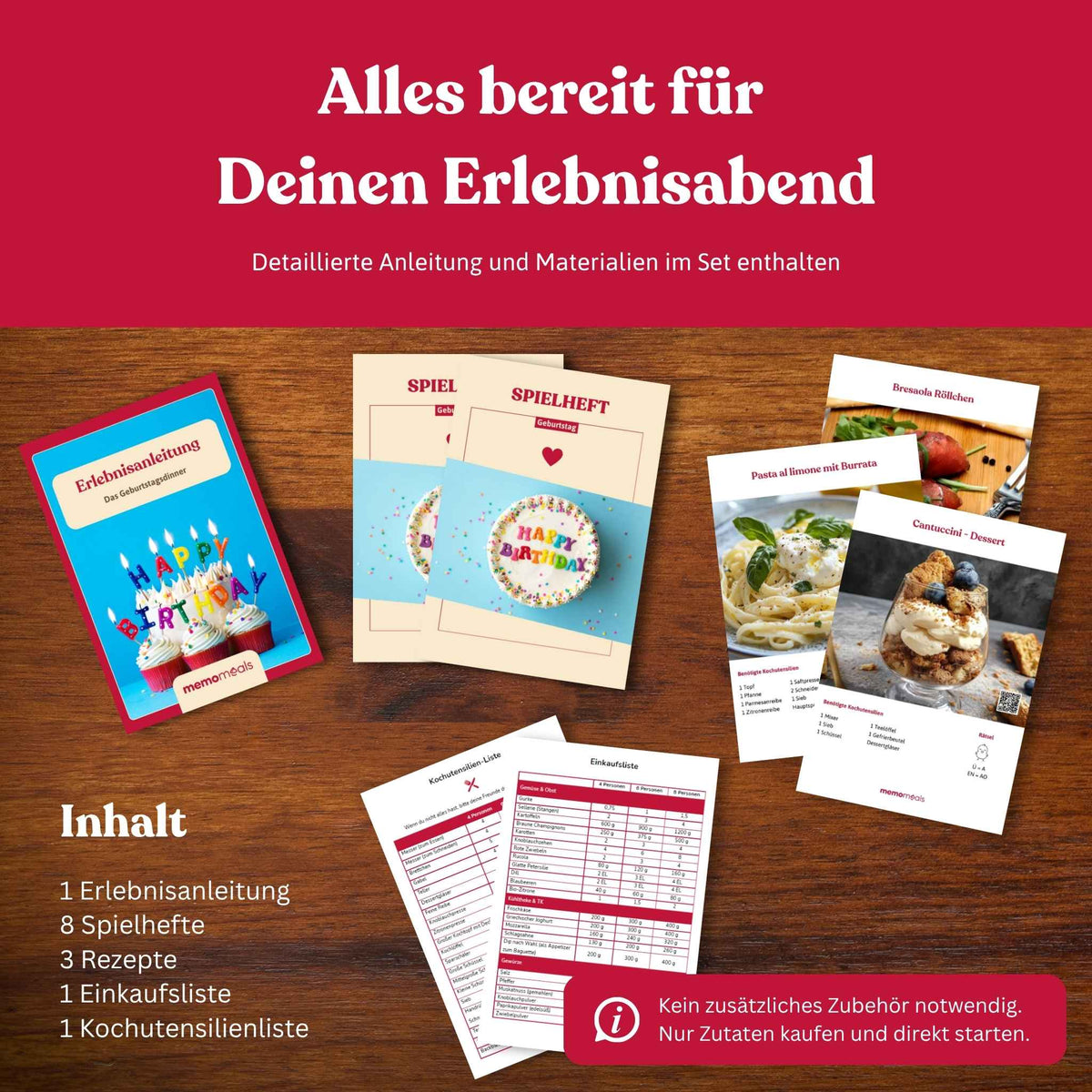 Ausgebreiteter Inhalt einer memomeals Geburtstag Erlebnisbox mit Erlebnisanleitung, Spielheften, Rezepten und Einkaufsliste
