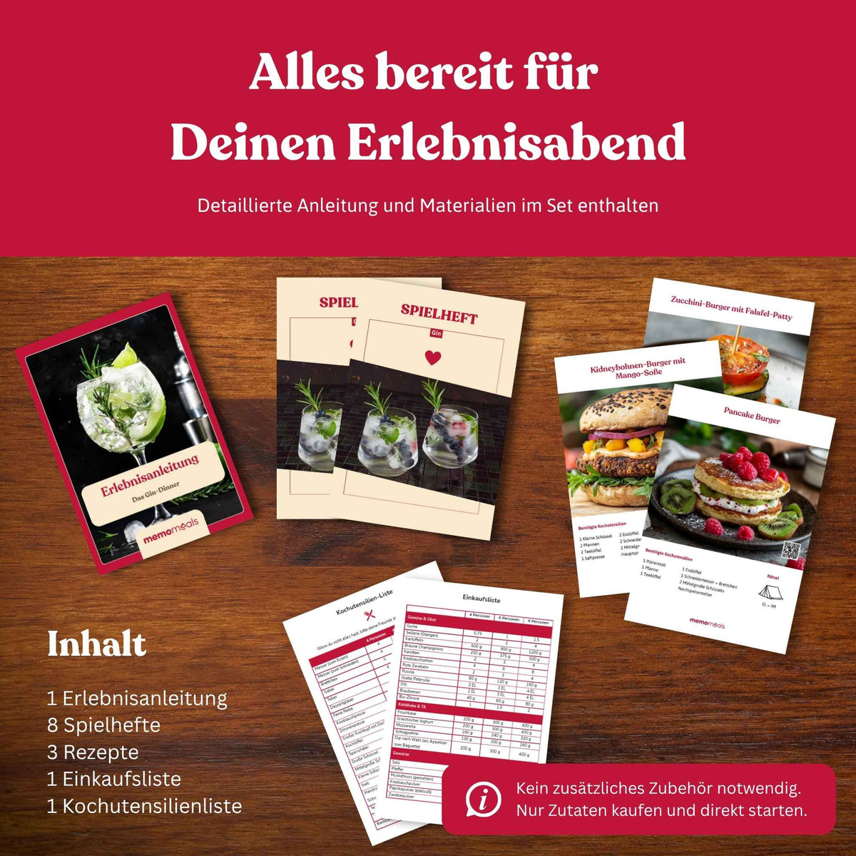 Ausgebreiteter Inhalt einer memomeals Gin Erlebnisbox mit Erlebnisanleitung, Spielheften, Rezepten und Einkaufsliste