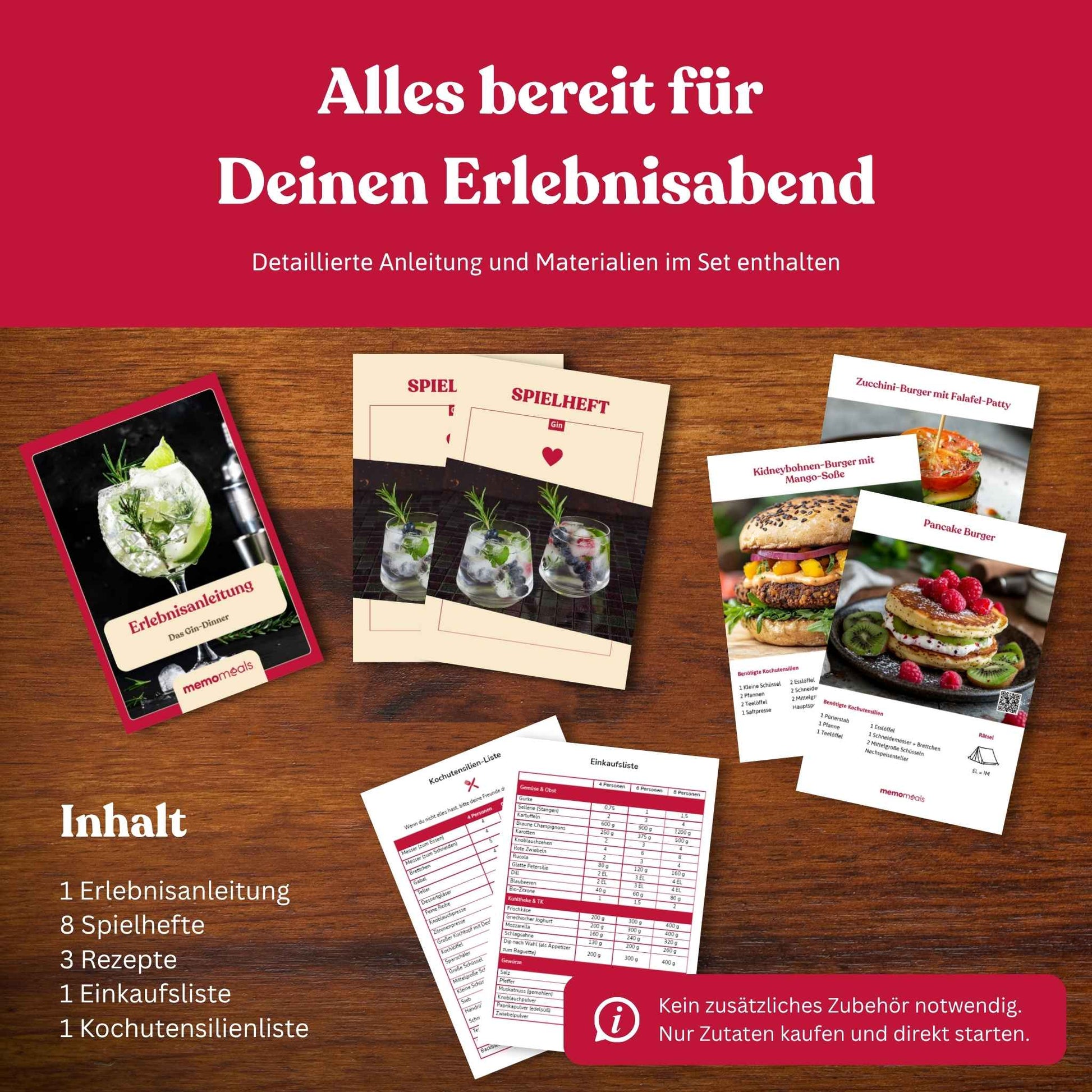 Ausgebreiteter Inhalt einer memomeals Gin Erlebnisbox mit Erlebnisanleitung, Spielheften, Rezepten und Einkaufsliste