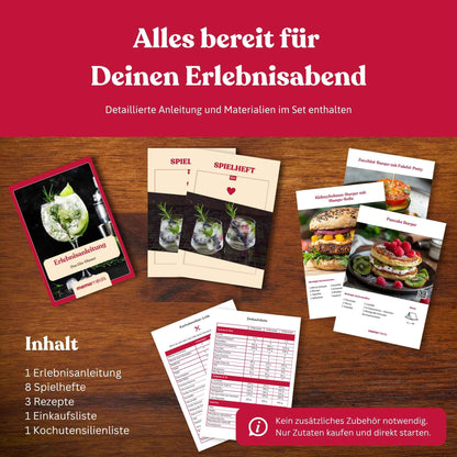 Ausgebreiteter Inhalt einer memomeals Gin Erlebnisbox mit Erlebnisanleitung, Spielheften, Rezepten und Einkaufsliste