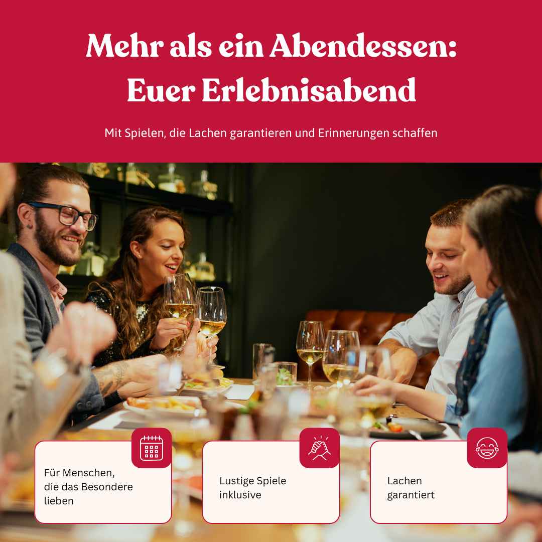 Gäste lachen gemeinsam beim Harvest & Dinner Event im Godesburger Bad Godesberg – Erlebnisabend mit Tischspielen zwischen den Gängen