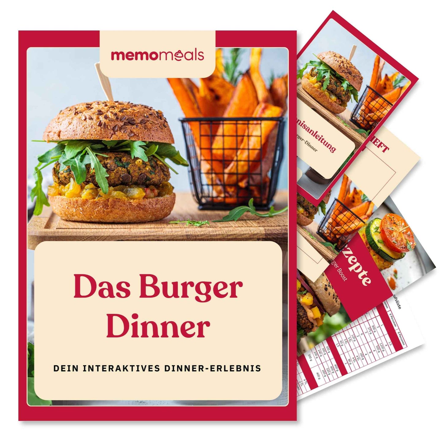 memomeals Burger Erlebnisbox von oben fotografiert mit aufgefächertem Inhalt darunter