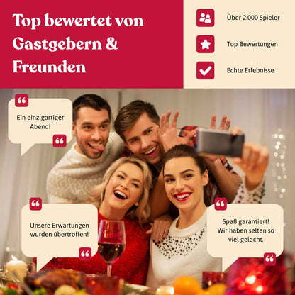 Gruppe macht lachend ein Selfie am Tisch während eines memomeals Erlebnisdinners