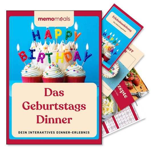 memomeals Geburtstag Erlebnisbox von oben fotografiert mit aufgefächertem Inhalt darunter