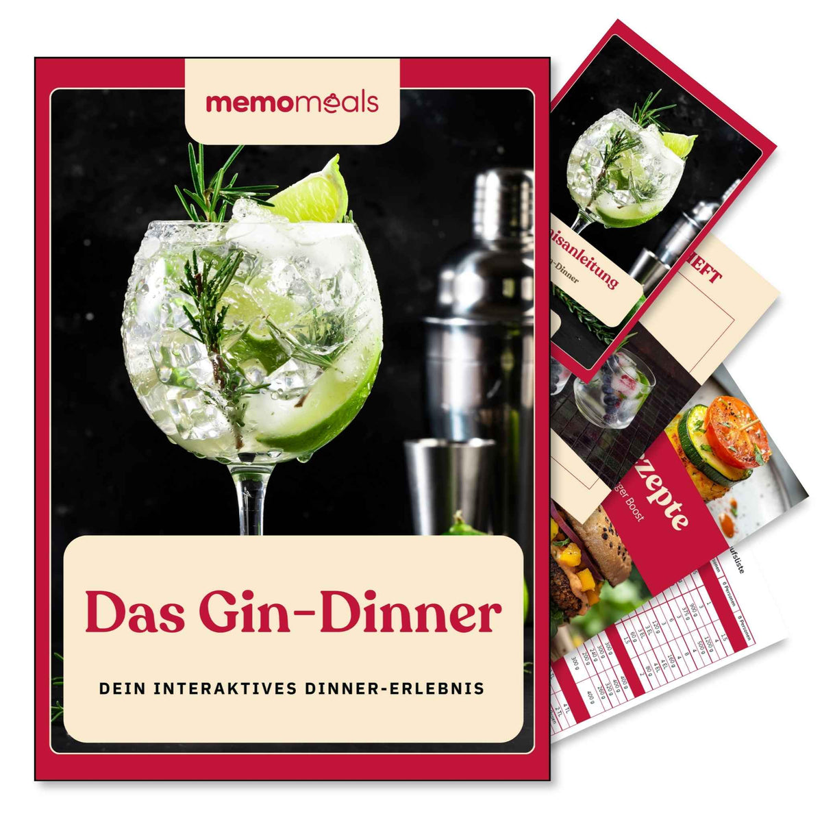 memomeals Gin Erlebnisbox von oben fotografiert mit aufgefächertem Inhalt darunter