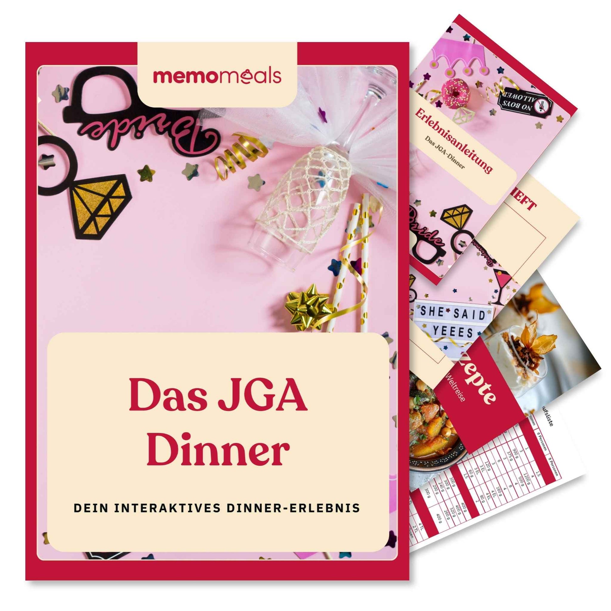 memomeals junggesellinnenabschied Erlebnisbox von oben fotografiert mit aufgefächertem Inhalt darunter