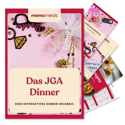 memomeals junggesellinnenabschied Erlebnisbox von oben fotografiert mit aufgefächertem Inhalt darunter