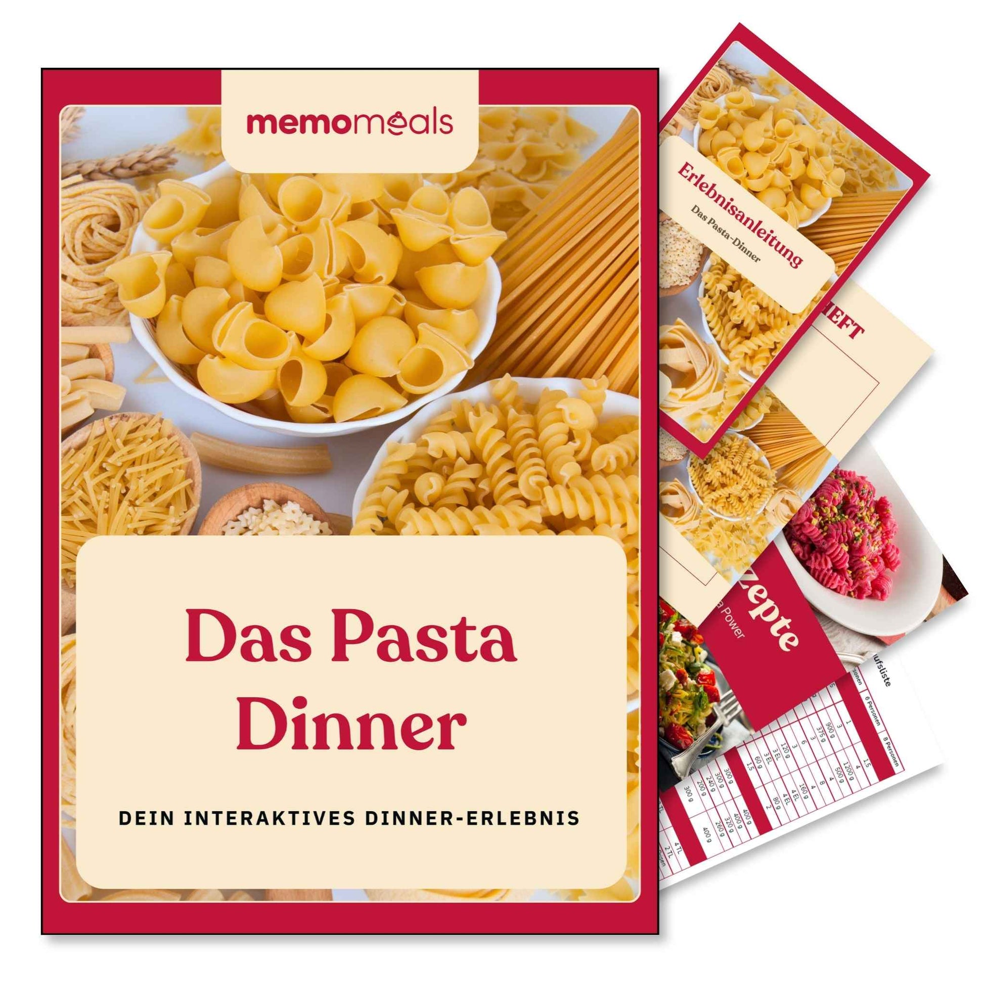 memomeals Pasta Erlebnisbox von oben fotografiert mit aufgefächertem Inhalt darunter