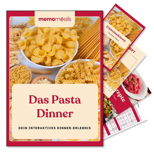memomeals Pasta Erlebnisbox von oben fotografiert mit aufgefächertem Inhalt darunter