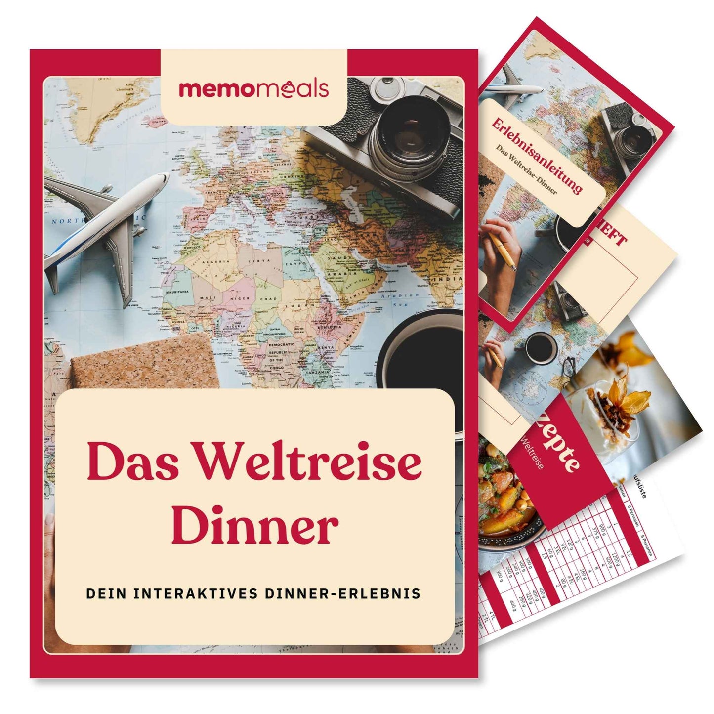 memomeals Weltreise Erlebnisbox von oben fotografiert mit aufgefächertem Inhalt darunter