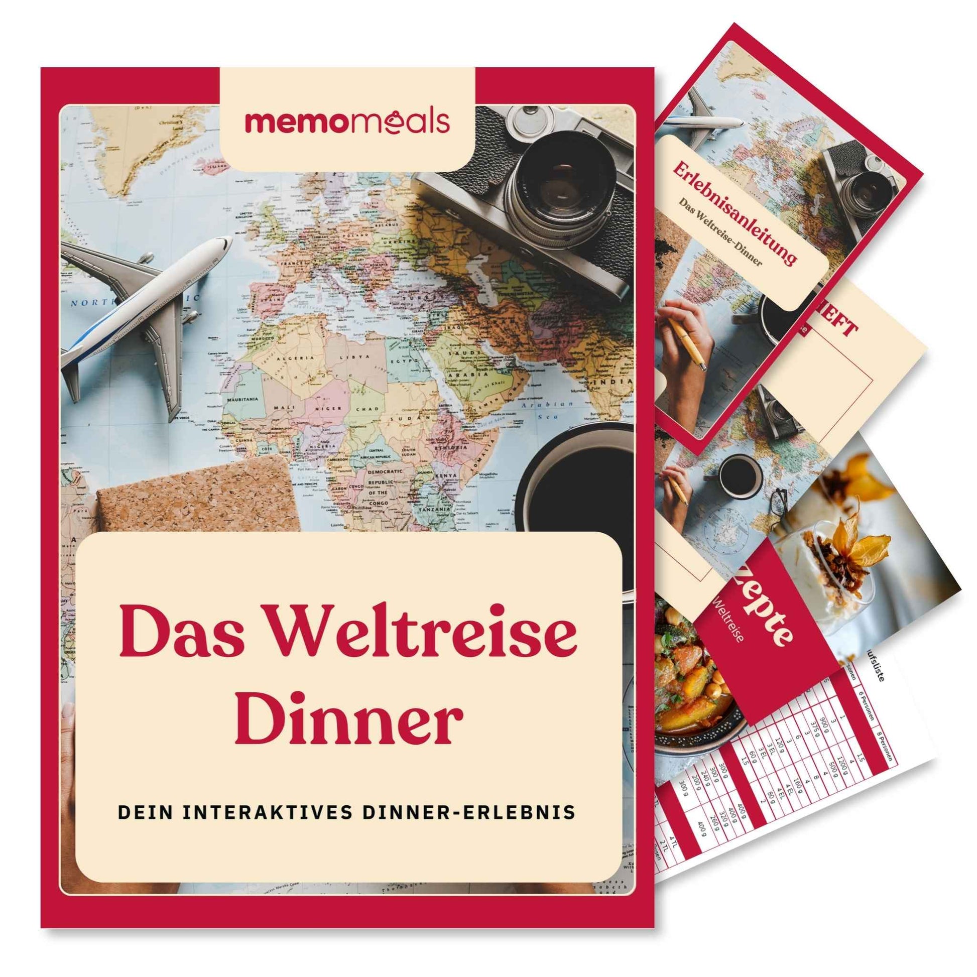 memomeals Weltreise Erlebnisbox von oben fotografiert mit aufgefächertem Inhalt darunter