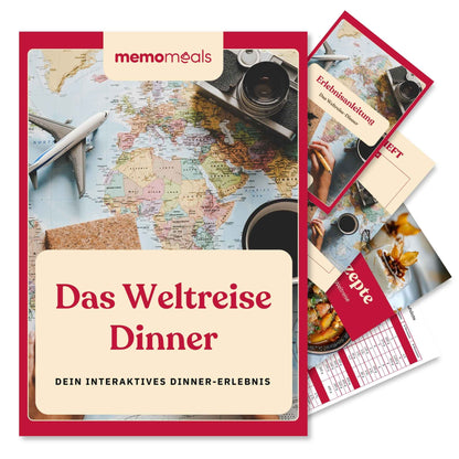 memomeals Weltreise Erlebnisbox von oben fotografiert mit aufgefächertem Inhalt darunter