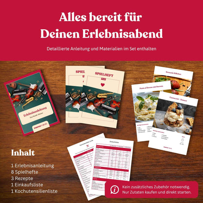 Ausgebreiteter Inhalt einer memomeals Musik Erlebnisbox mit Erlebnisanleitung, Spielheften, Rezepten und Einkaufsliste