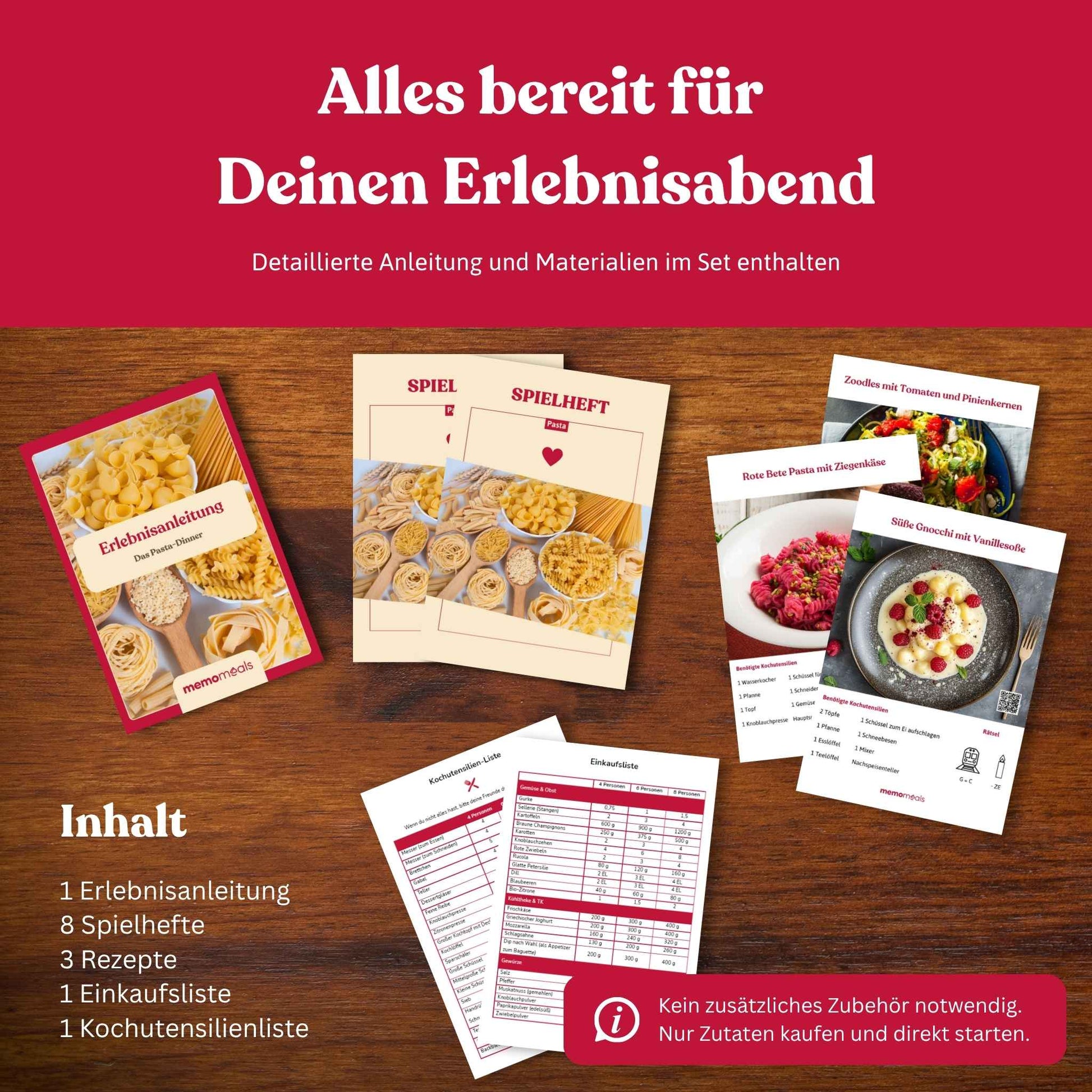 Ausgebreiteter Inhalt einer memomeals Pasta Erlebnisbox mit Erlebnisanleitung, Spielheften, Rezepten und Einkaufsliste