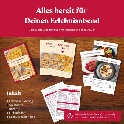 Ausgebreiteter Inhalt einer memomeals Pasta Erlebnisbox mit Erlebnisanleitung, Spielheften, Rezepten und Einkaufsliste