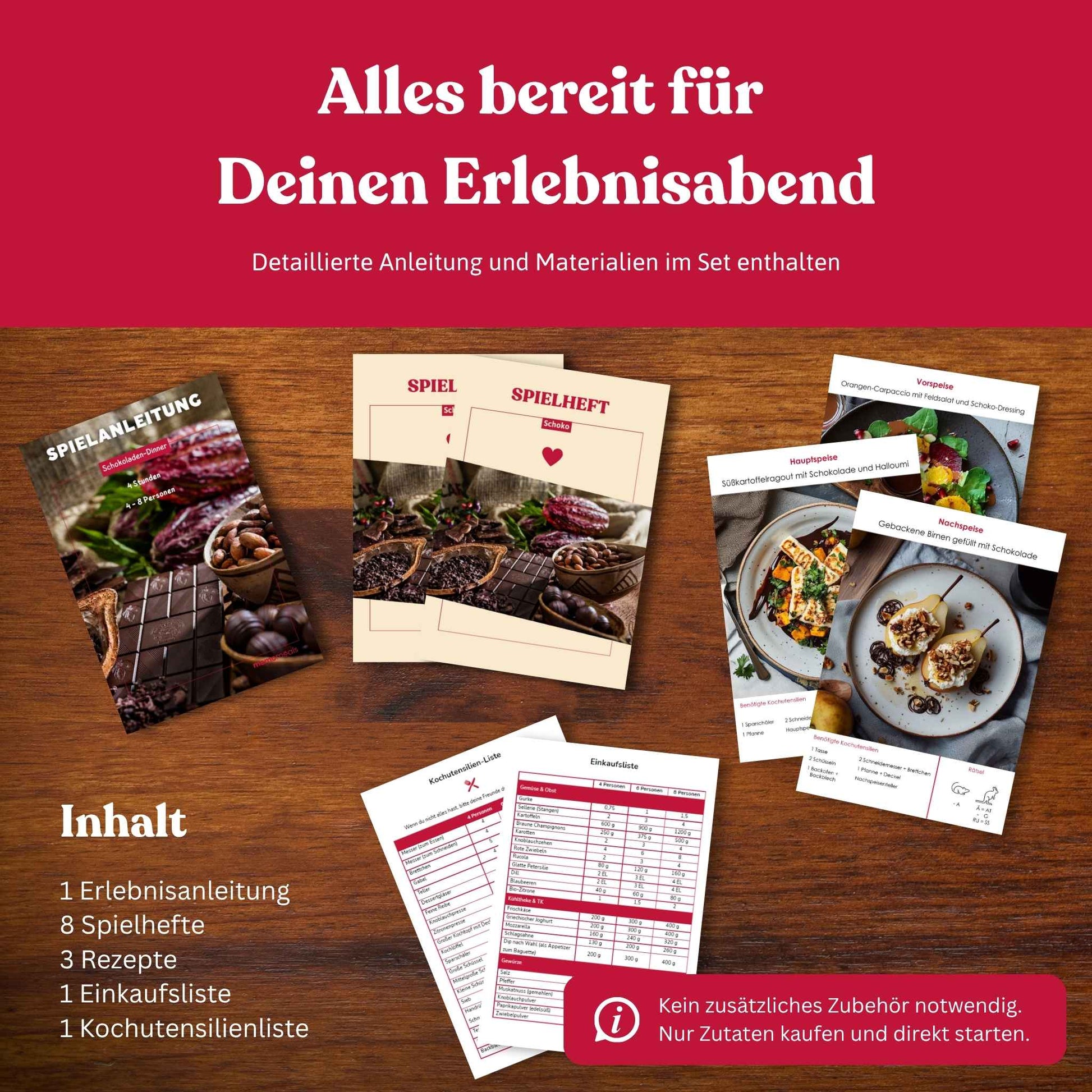 Ausgebreiteter Inhalt einer memomeals Schokoladen Erlebnisbox mit Erlebnisanleitung, Spielheften, Rezepten und Einkaufsliste