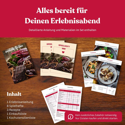Ausgebreiteter Inhalt einer memomeals Schokoladen Erlebnisbox mit Erlebnisanleitung, Spielheften, Rezepten und Einkaufsliste