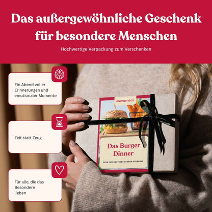 Frau hält eine liebevoll verpackte Burger memomeals Erlebnisbox als Geschenk in den Händen