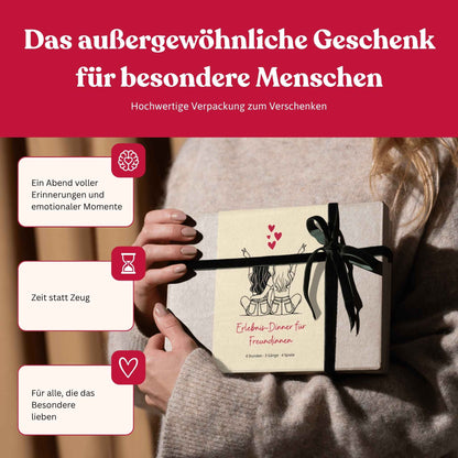 Frau hält eine liebevoll verpackte memomeals Erlebnisbox fuer Freundinnen als Geschenk in den Händen